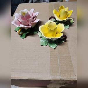 Lot of 3 Capodimonte Flower Porcelain Candle Holders Pink Yellow Made in ITALY